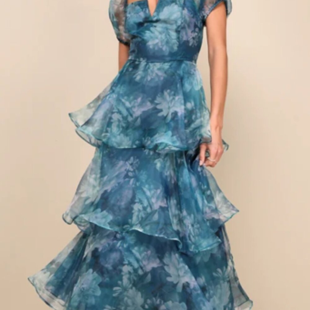 Lulus Darling Vision Teal Floral Organza Puff Sleeve Tiered Midi Dress